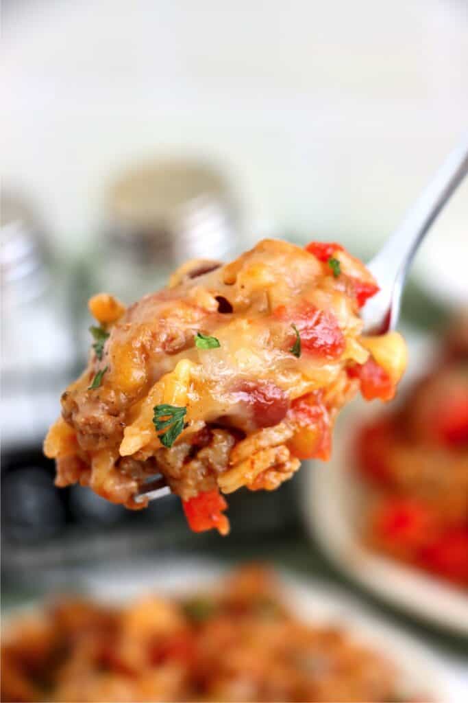 Closeup shot of spoonful of cheesy southwestern beef and rice skillet. 