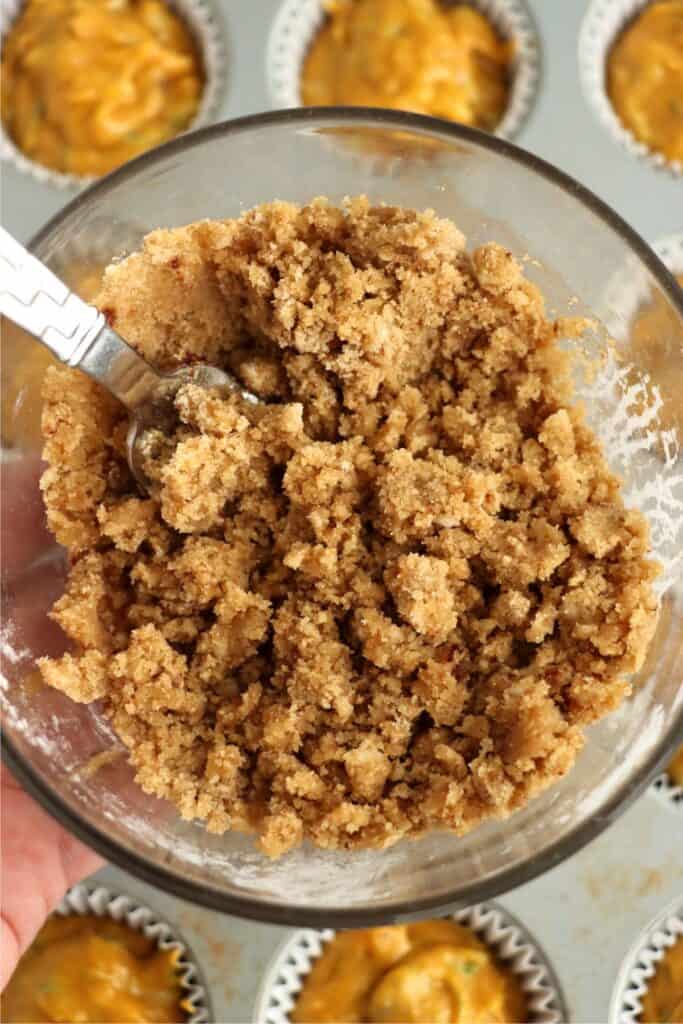 Overhead shot of mixing bowl with crumble mixture. 