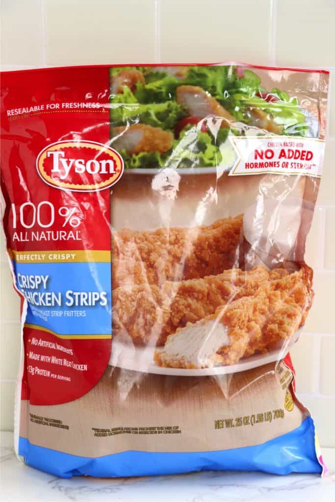 Bag of Tyson crispy chicken strips. 