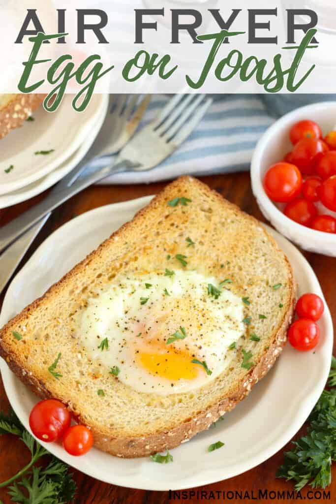 Overhead shot of air fryer egg on toast on plate. 