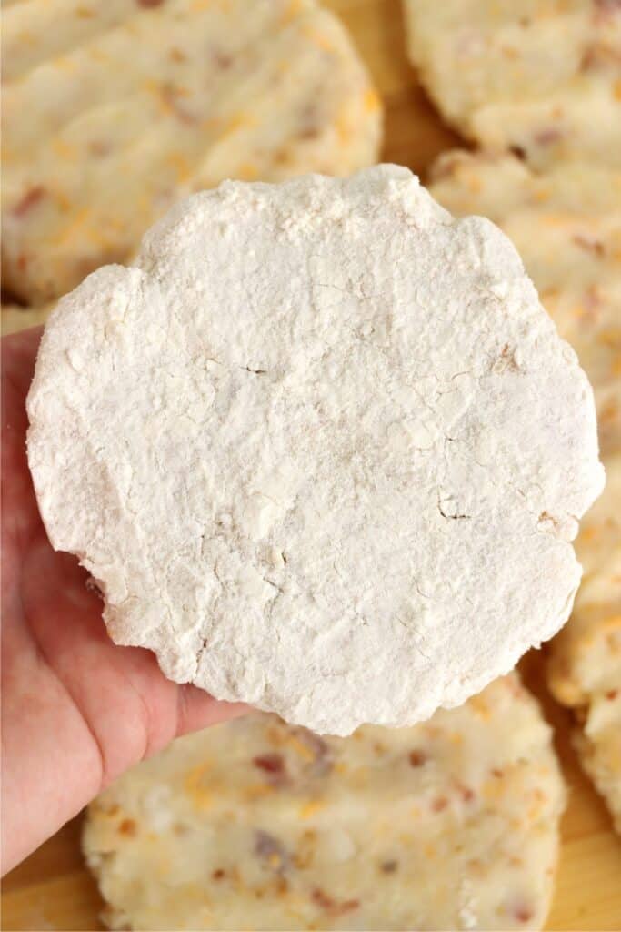 Mashed potato pattie covered in flour. 