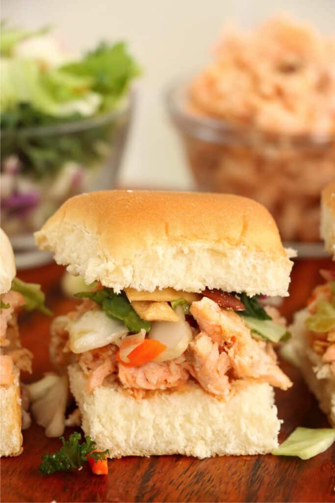 Closeup shot of salmon slider. 