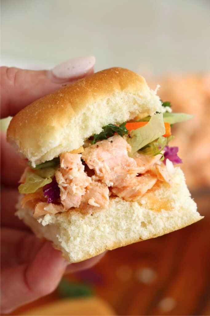 Closeup shot of hand holding a salmon slider. 