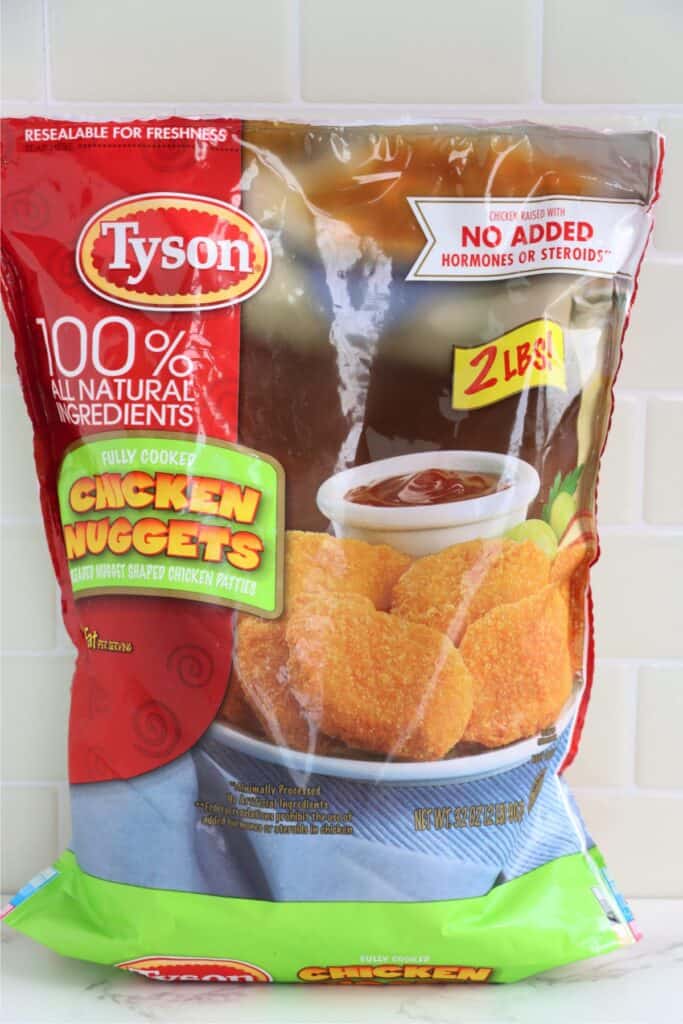 Bag of frozen Tyson chicken nuggets.