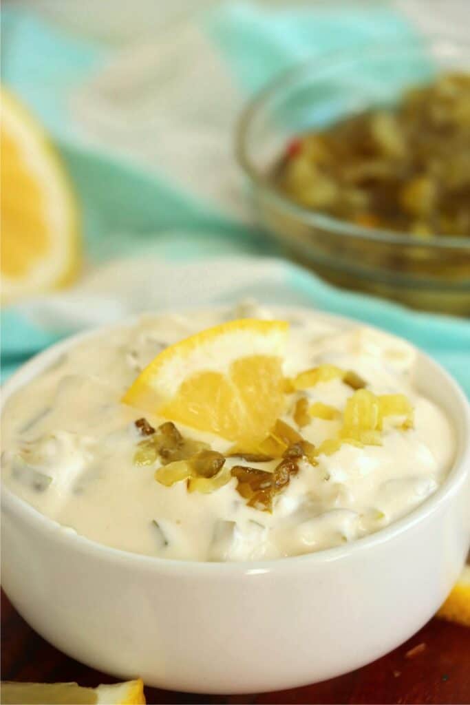 Closeup shot of bowlful of 3 ingredient tartar sauce