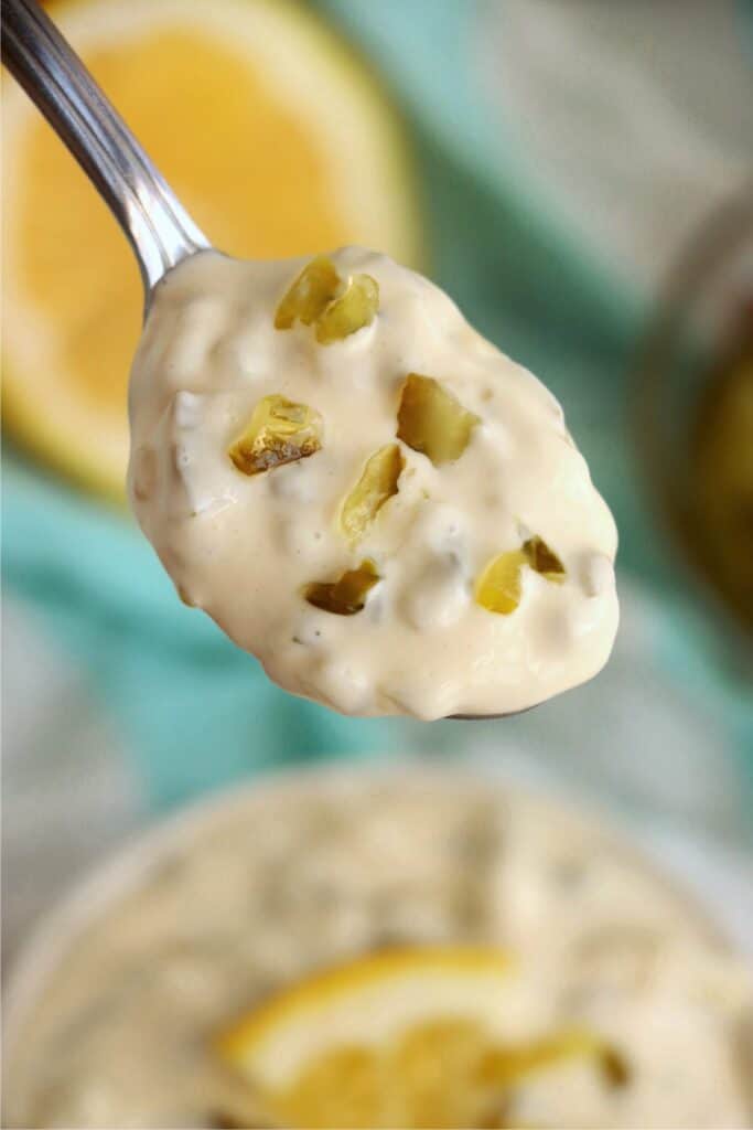 Closeup shot of spoonful of 3 ingredient tartar sauce.