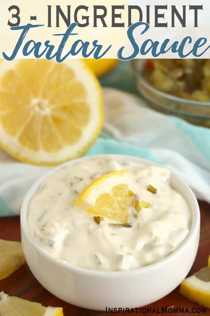 Closeup shot of bowlful of 3 ingredient tartar sauce with lemon wedge. 