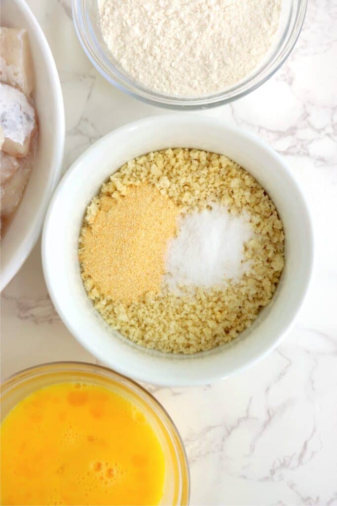 Overhead shot of bowl of seasoned panko bread crumbs. 