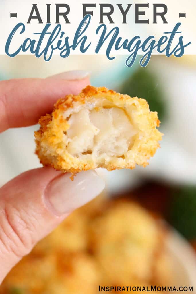 Closeup shot of hand holding an air fryer catfish nugget.