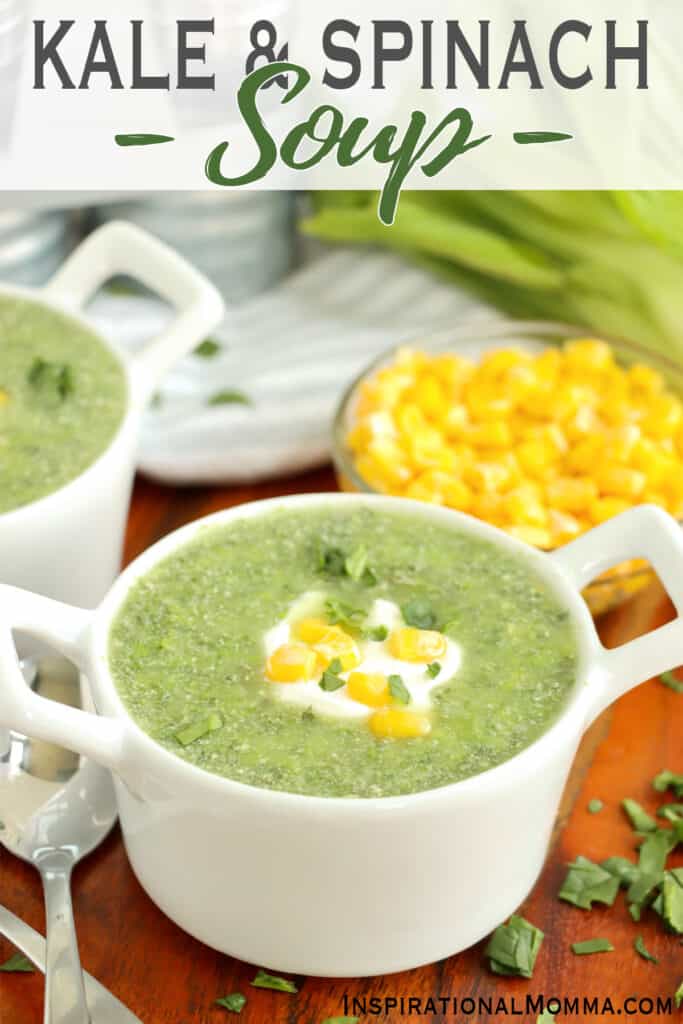 Closeup shot of bowlful of kale and spinach soup. 