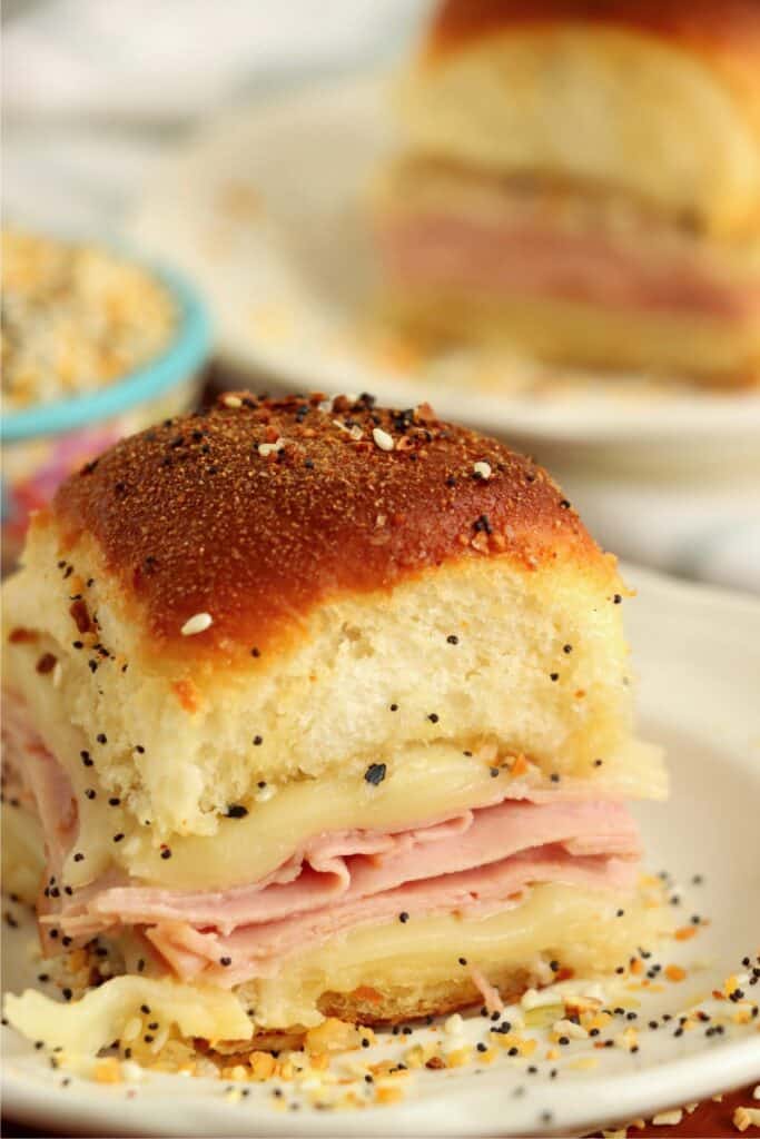 Closeup shot of baked turkey and cheese slider on plate. 