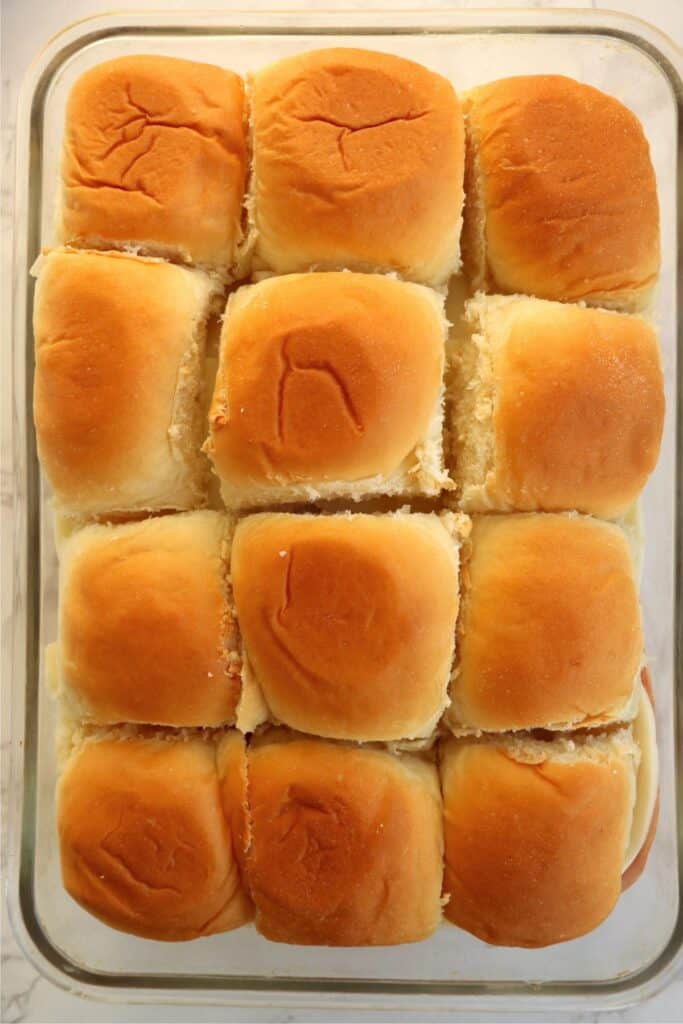 Overhead shot of turkey sliders in baking dish.