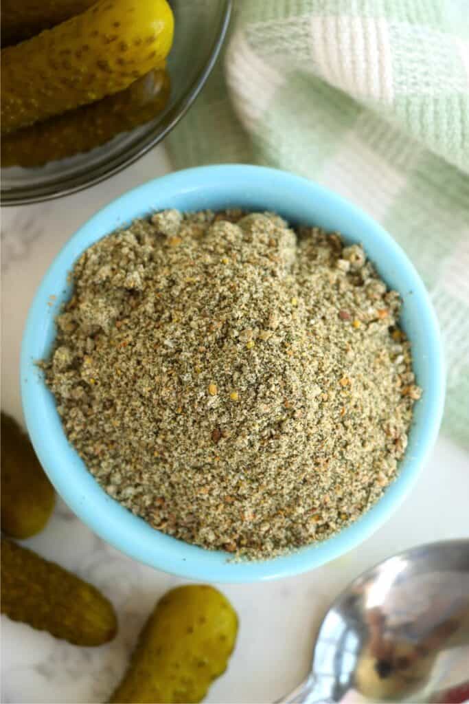 Overhead shot of bowlful of dill pickle seasoning.