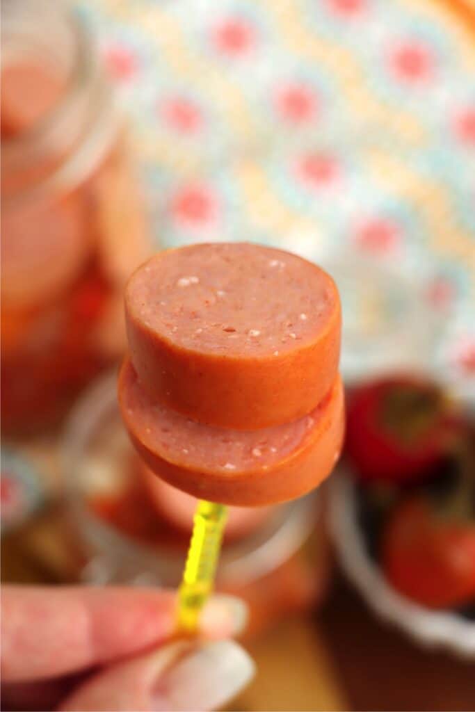 Closeup shot of toothpicks with two slices of pickled bologna. 