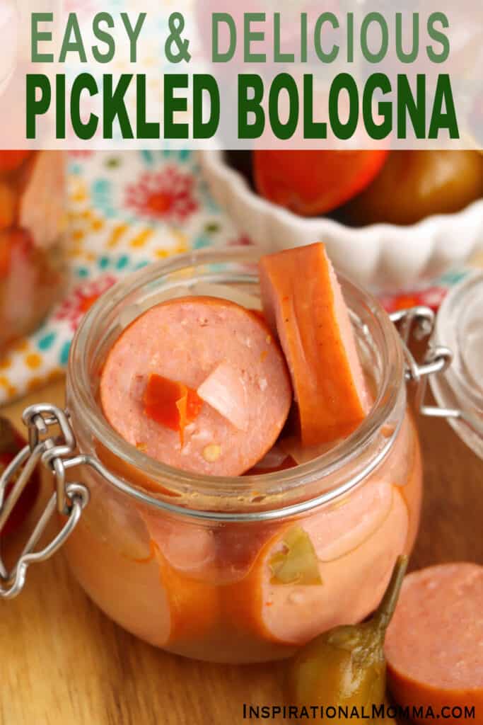 Closeup shot of jarful of pickled bologna