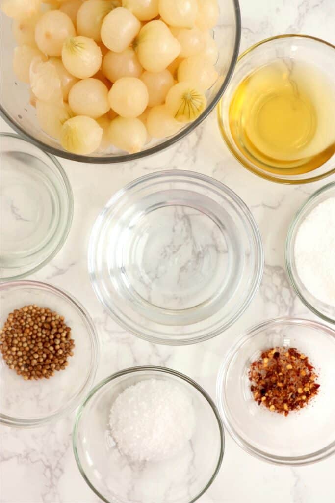 Overhead shot of individual pickled pearl onion ingredients in bowls on table. 