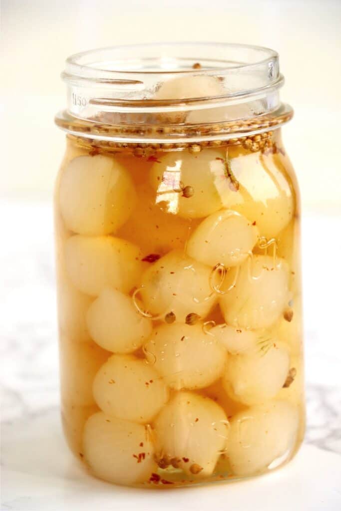 Jarful of pickled pearl onions. 