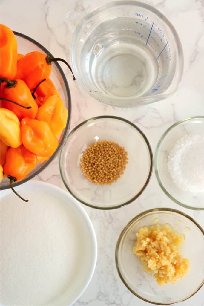 Overhead shot of individual pickled habanero pepper ingredients in bowls on table. 