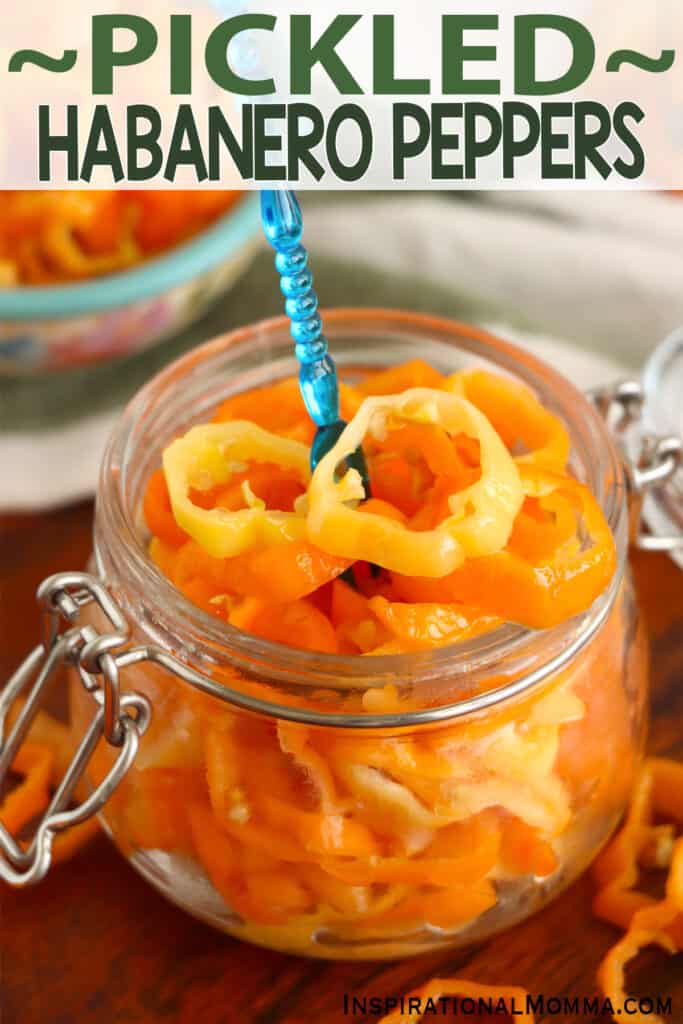 Closeup shot of glass jar filled with pickled habanero peppers. 