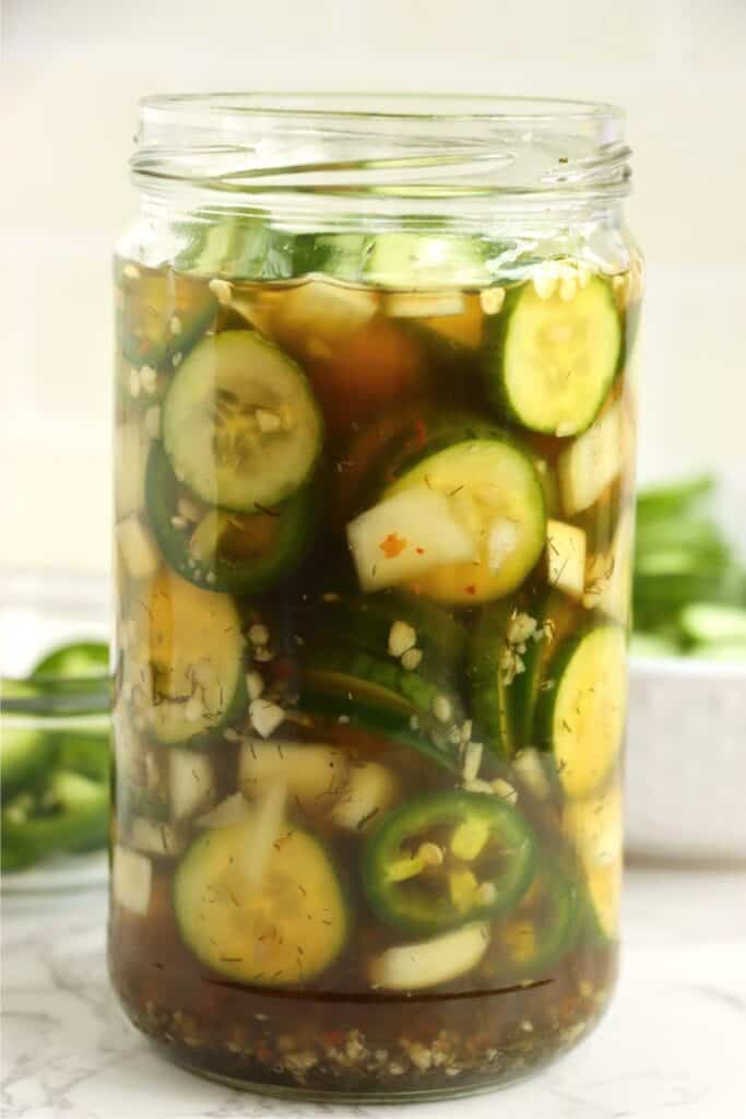 Jarful of sweet and spicy pickles. 