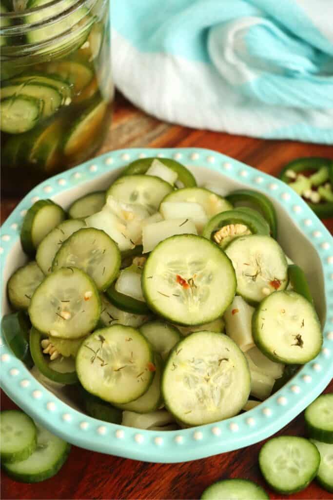 Closeup shot of bowlful of sweet nad spicy pickles. 