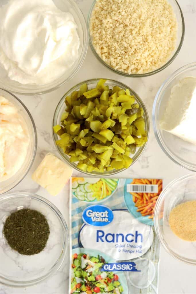 Overhead shot of individual fried pickle and ranch dip. 