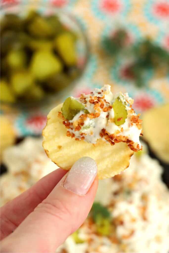 Closeup shot of potato chip with fried pickle and ranch dip. 