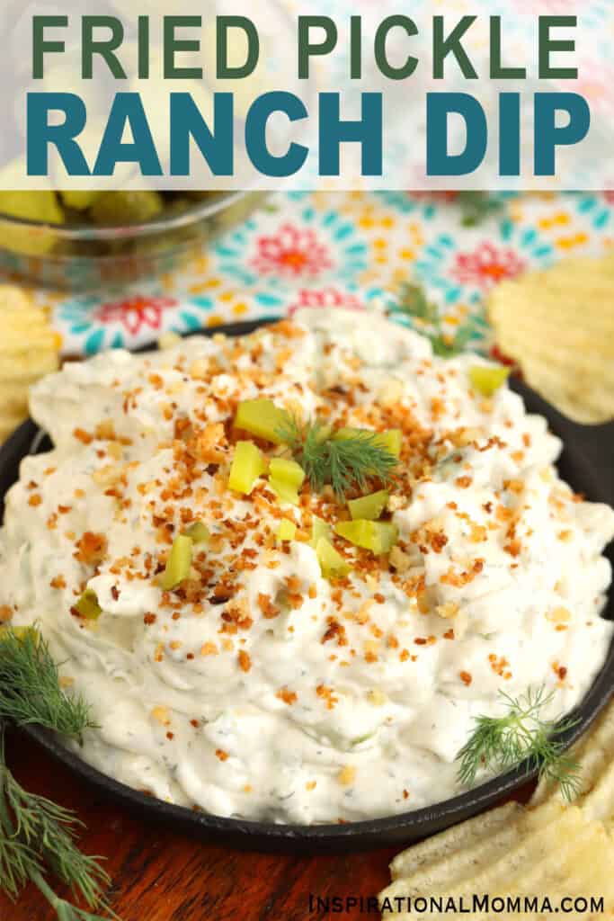 Closeup shot of bowlful of fried pickle and ranch dip.