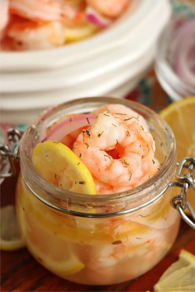 Closeup shot of jarful of pickled shrimp