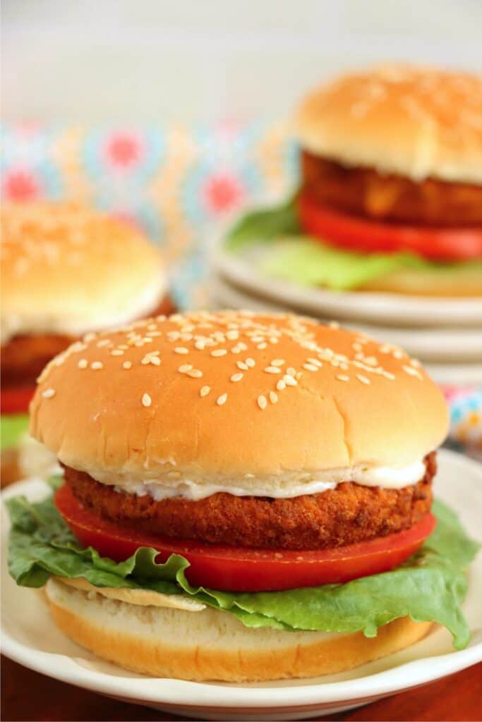 Closeup shot of air fryer chicken patty sandwich on plate. 