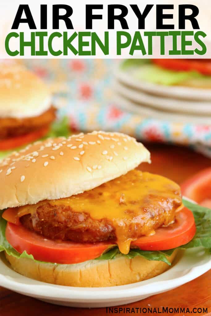 Air fryer chicken pattie sandwich with tomatoes and lettuce. 