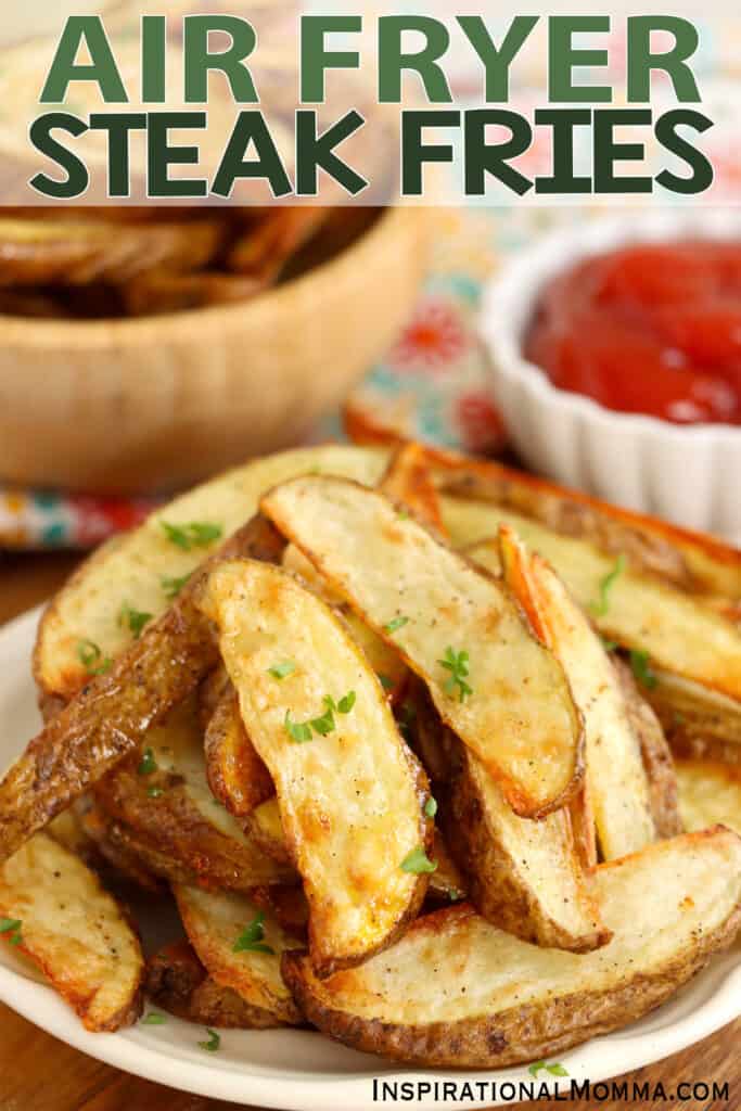 Closeup shot of plateful of air fryer steak fries. 