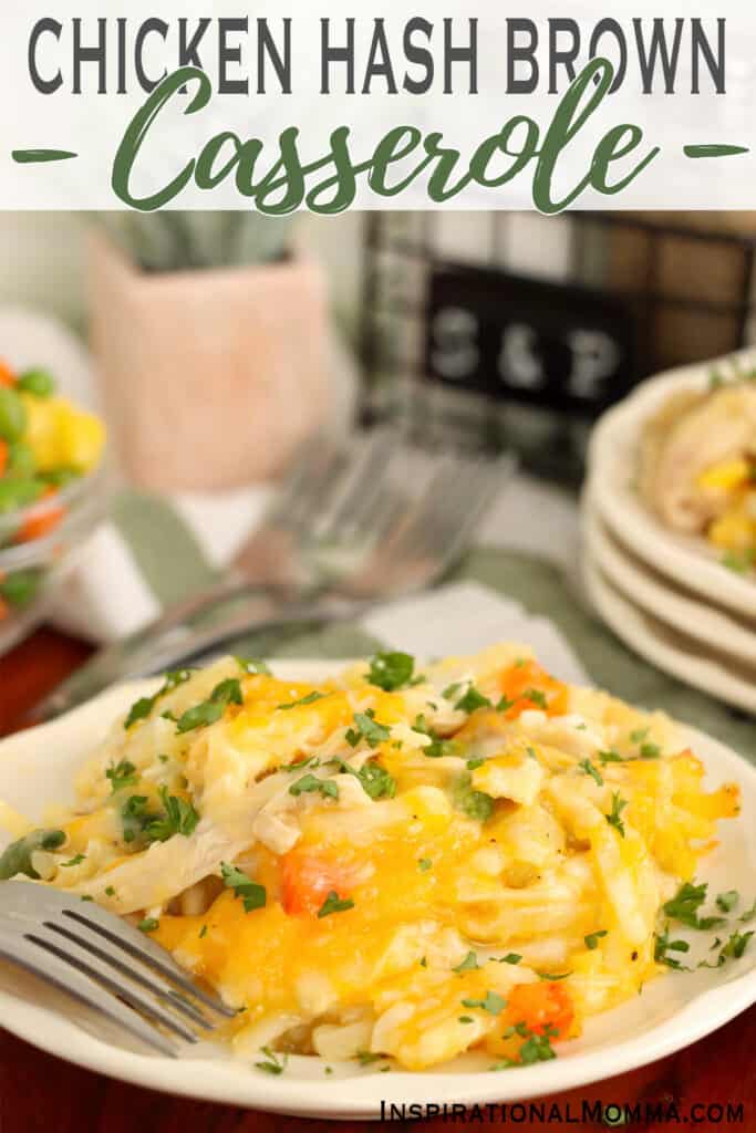 Closeup shot of plateful of chicken hash brown casserole.