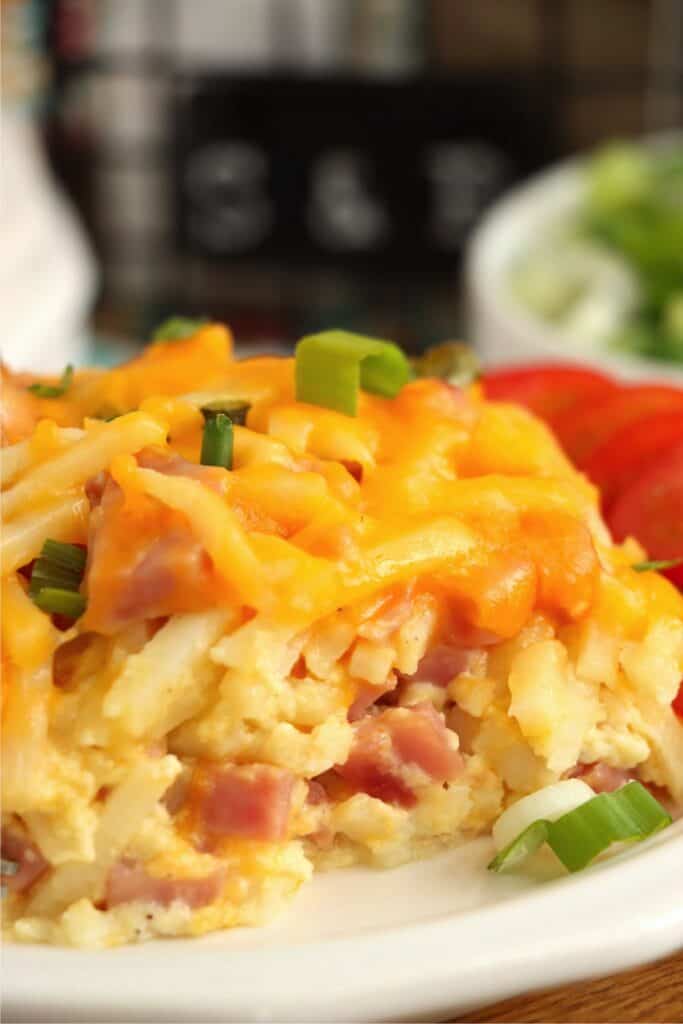 Closeup shot of plateful of ham and cheese hash brown casserole. 