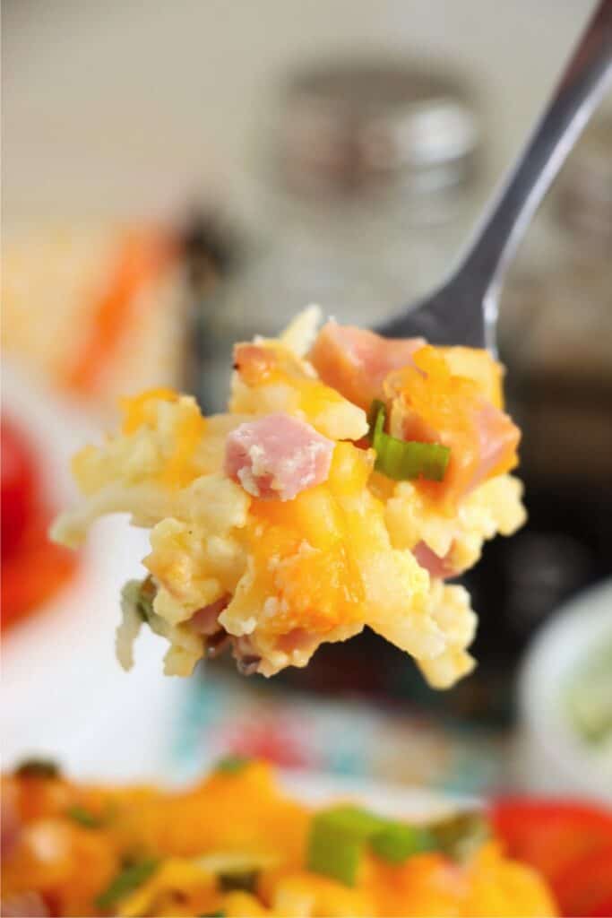 Closeup shot of forkful of ham and cheese hash brown casserole.