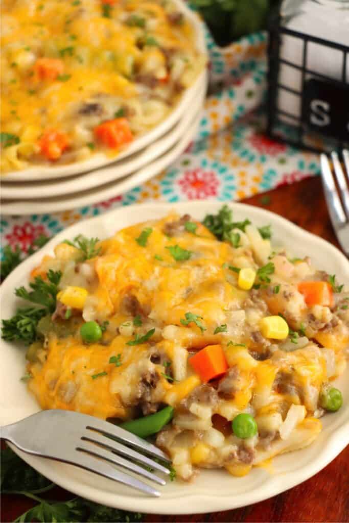 Plateful of cheesy ground beef and hash brown casserole. 