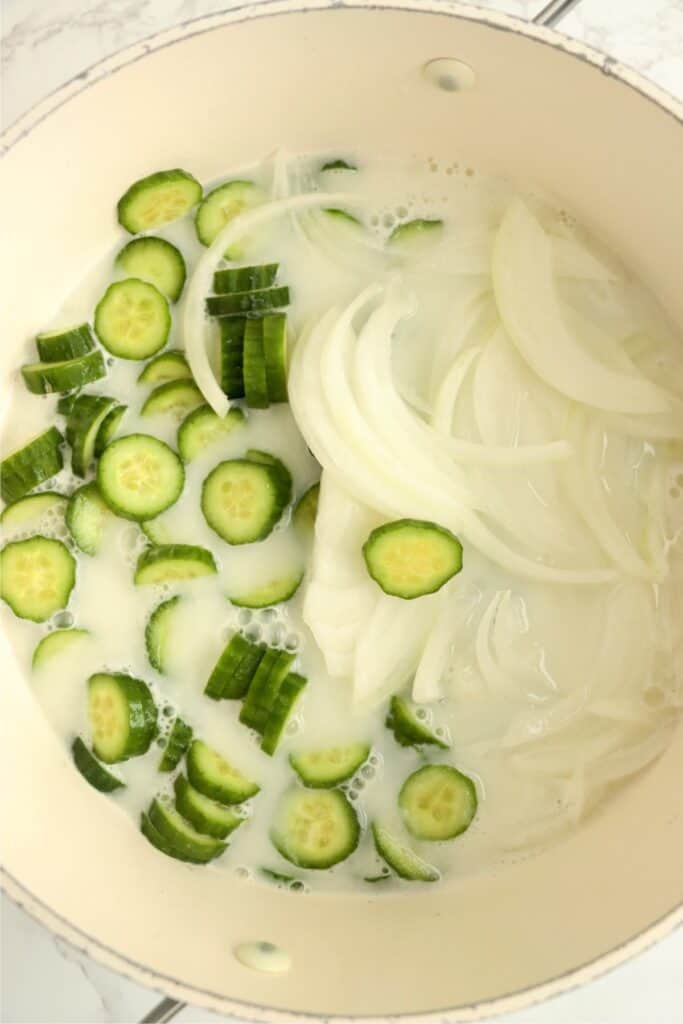 Overhead shot of all horseradish cucumber ingredients in pot. 