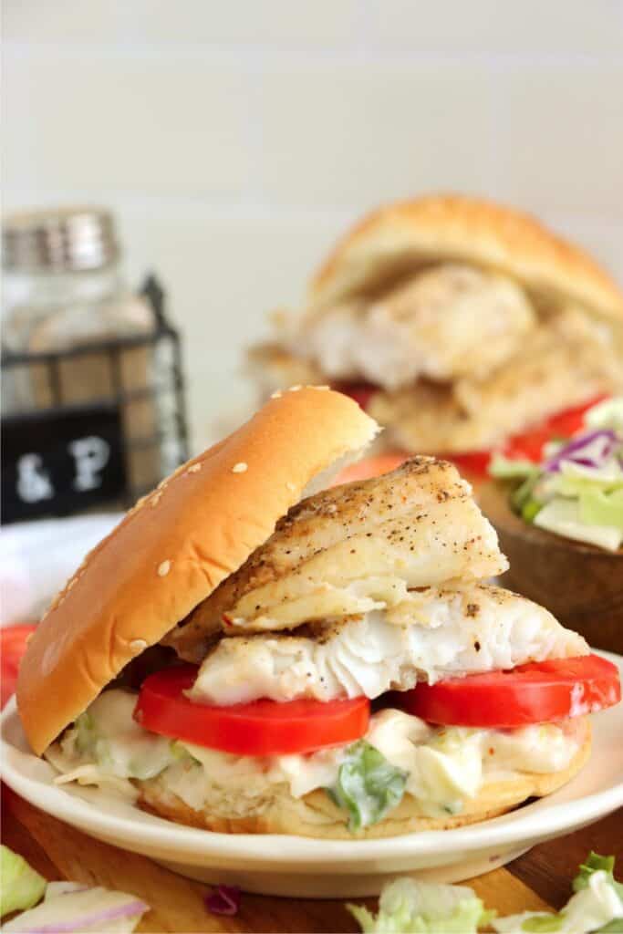 Closeup of catfish sandwich. 