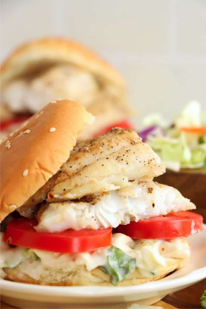 Closeup shot of catfish sandwich on plate. 