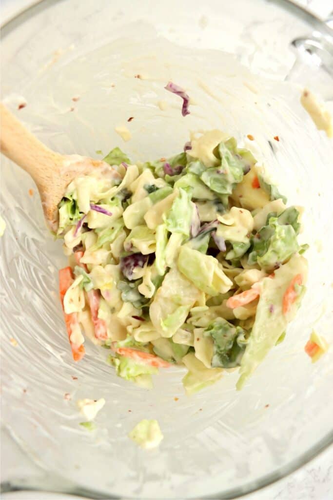 Closeup overhead shot of coleslaw in bowl. 