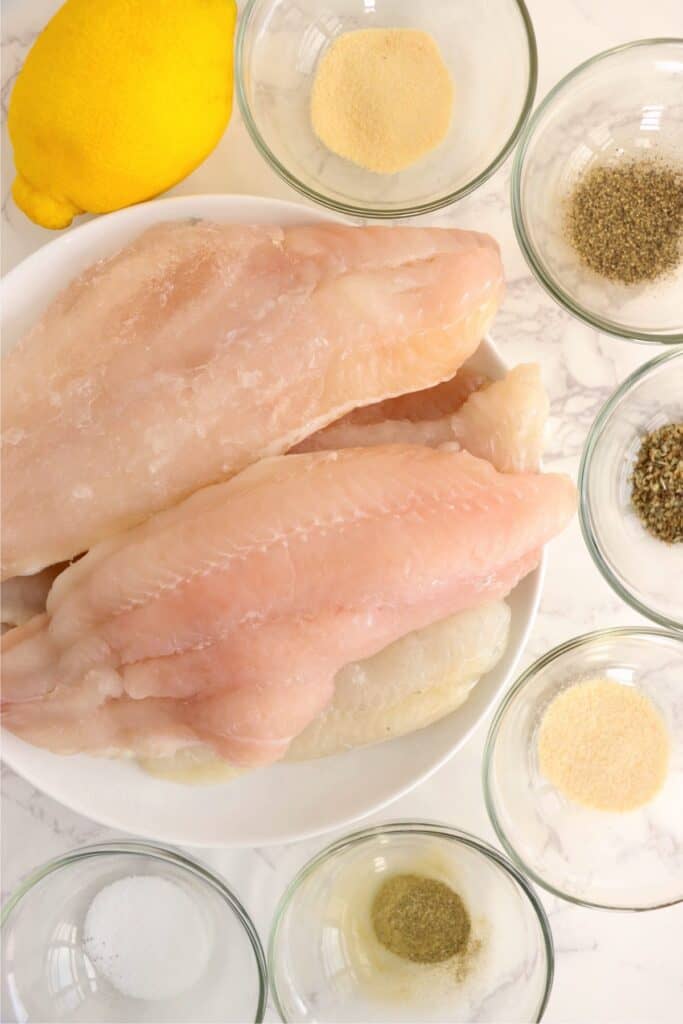 Overhead shot of individual ingredients for catfish steaks on table. 