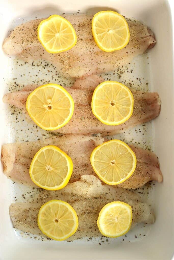 Overhead shot of seasoned catfish steaks topped with lemon slices. 