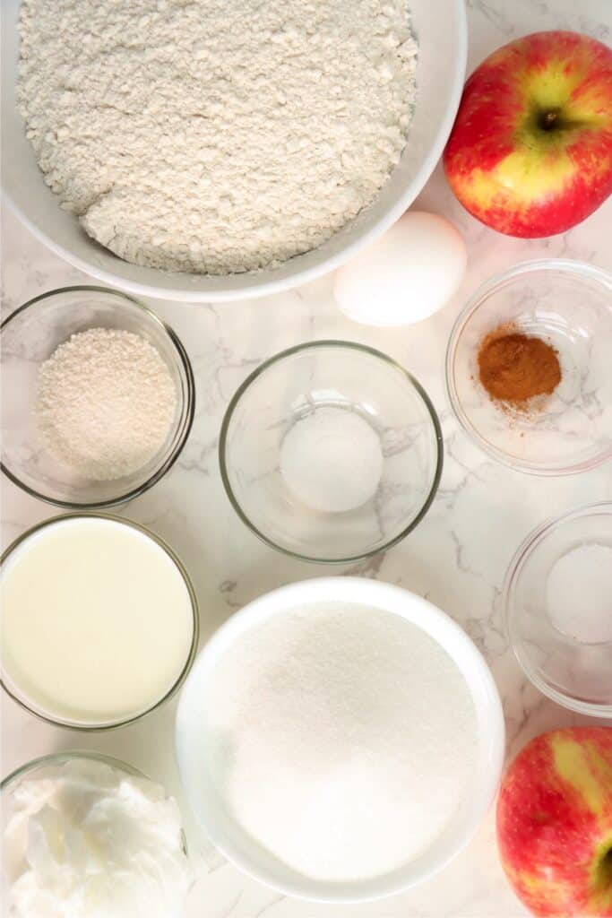 Overhead shot of individual ingredients for fresh apple bars on table. 