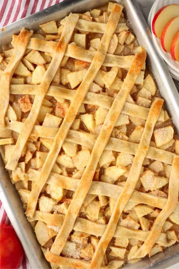 Overhead shot of baked homemade apple bars in baking dish.