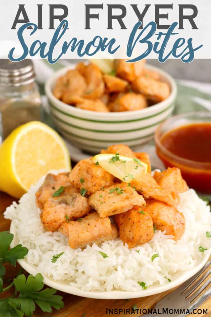 Closeup shot of plateful of air fryer salmon bites on bed of white rice