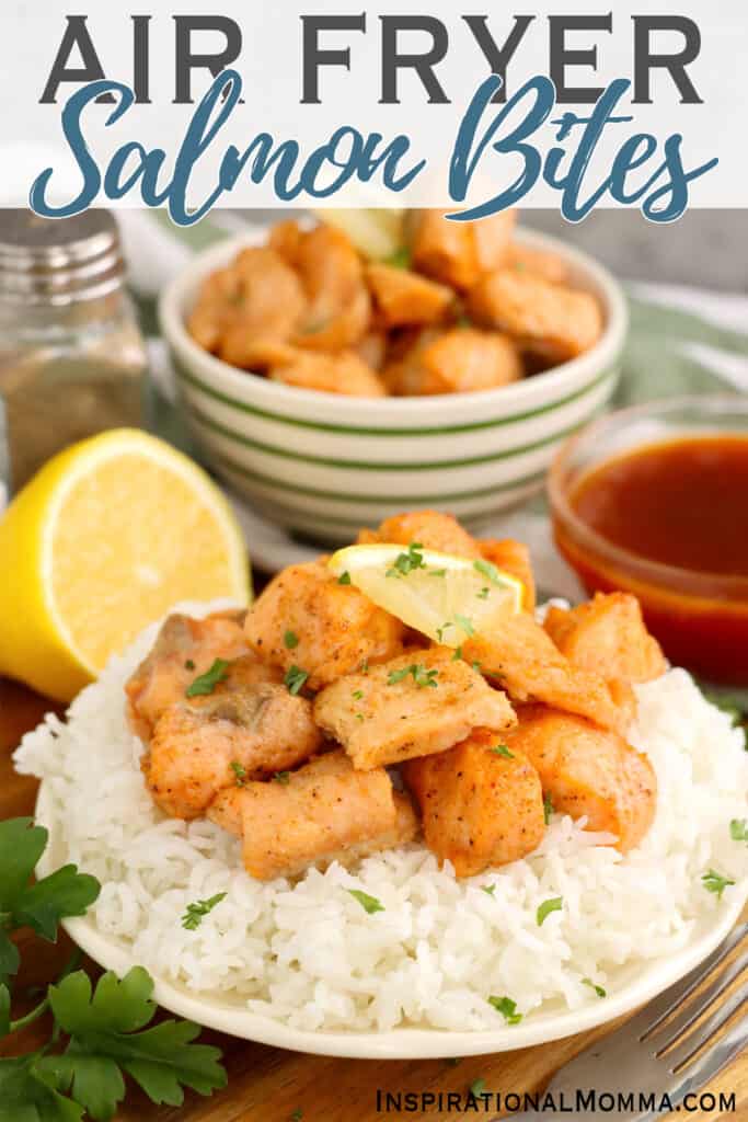 Closeup shot of plateful of air fryer salmon bites on bed of white rice