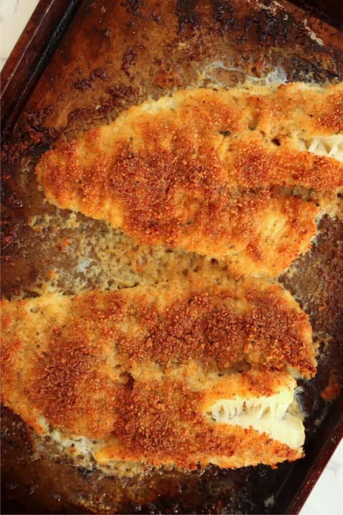 Overhead shot of baked breaded cod on baking sheet. 