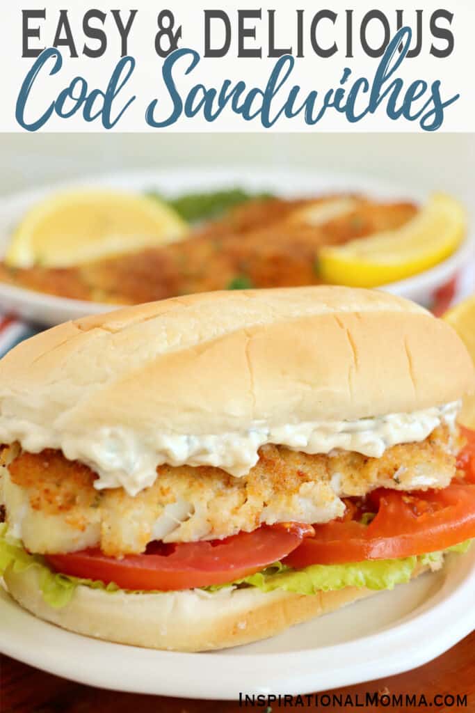 Closeup shot of baked cod sandwich on plate.