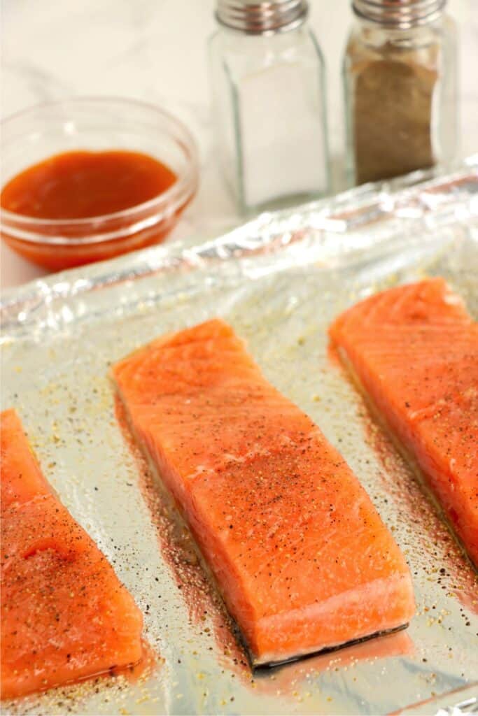 Salmon on baking sheet with foil. 