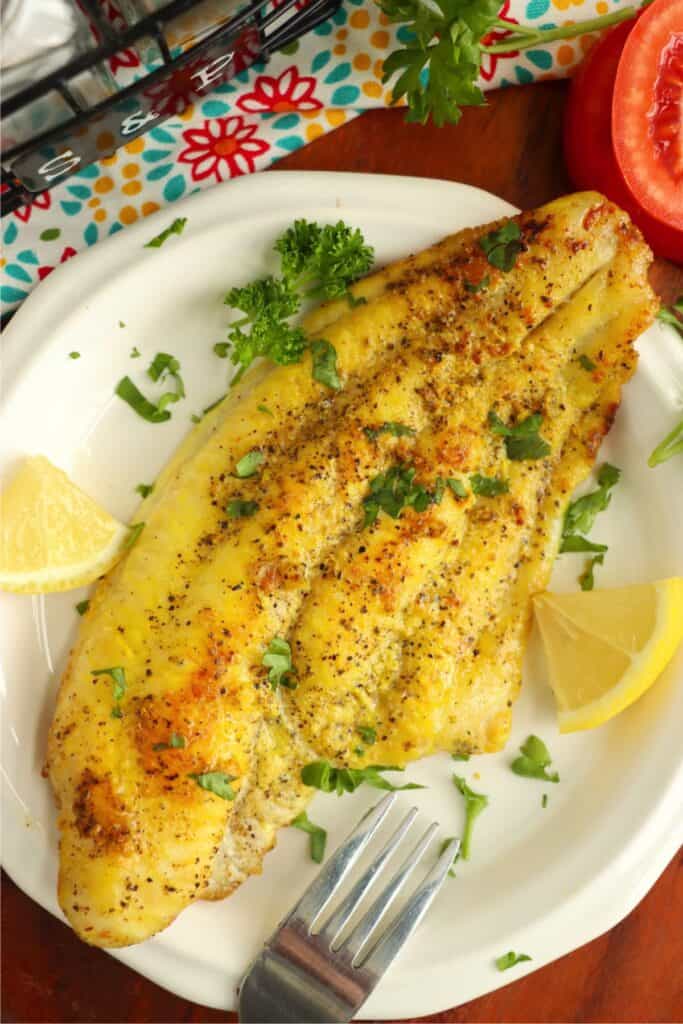 Overhead shot of pan fried catfish fillet on plate